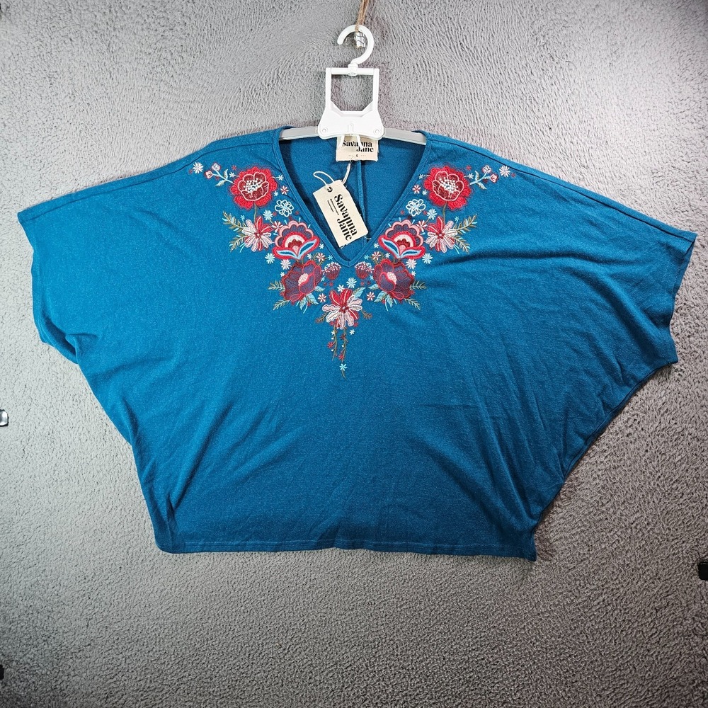 NEW Savanna Jane Embroidered Poncho Top Women Small Floral Teal Blue
